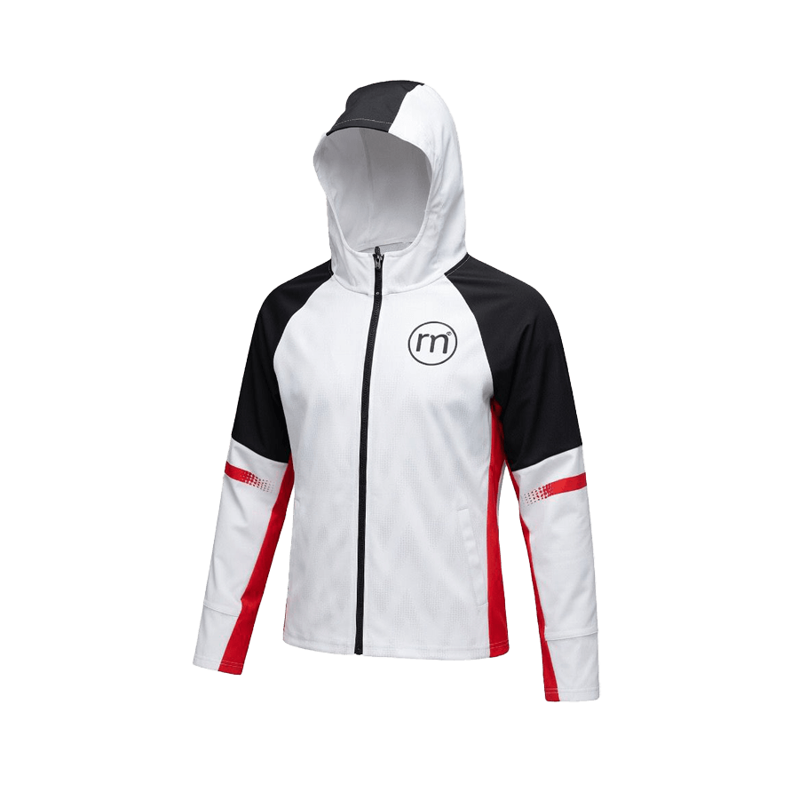 Chaqueta técnica 100% poliéster, ligera y resistente, apta para todo el año. Diseño color-block blanco/negro/rojo, capucha. Comodidad, estilo y rendimiento en una sola pieza.